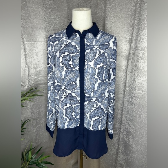 NEW Alfred Sung Paisley Print Button Up Blouse Top Navy Blue & White Sz Medium - Picture 1 of 10